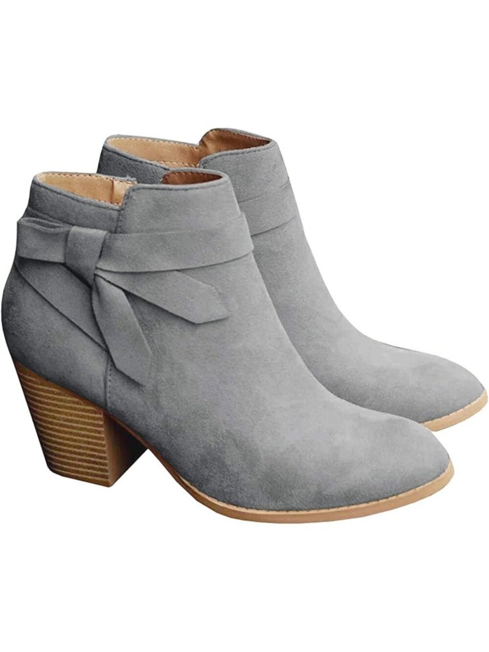 Women's Grey Tie Knot Chelsea Pump Ankle Boots Closed Toe Stacked Heel Booties